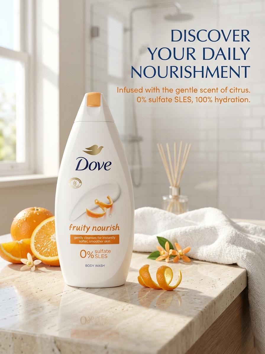 Dove Fruity Nourish Body Wash (UK) – 0% Sulfate SLES with Citrus Scent